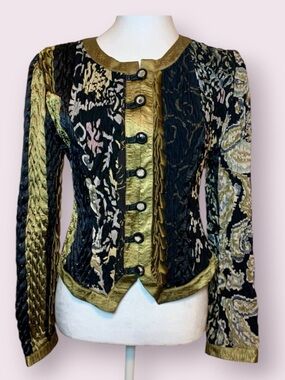 Vintage 1980’s Jeanne Marc Quilted Metallic Crop Jacket Black Gold Size Small